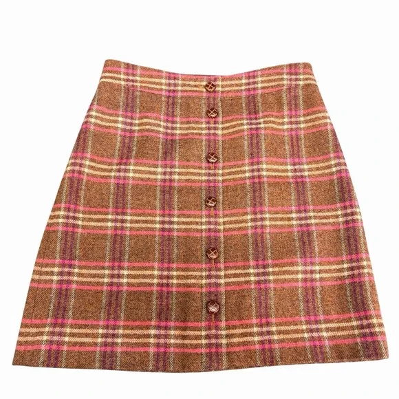 TALBOTS Plaid Button-Front Skirt Womens Sz 8 Brown Pink Wool Blend Western Retro - Picture 1 of 7